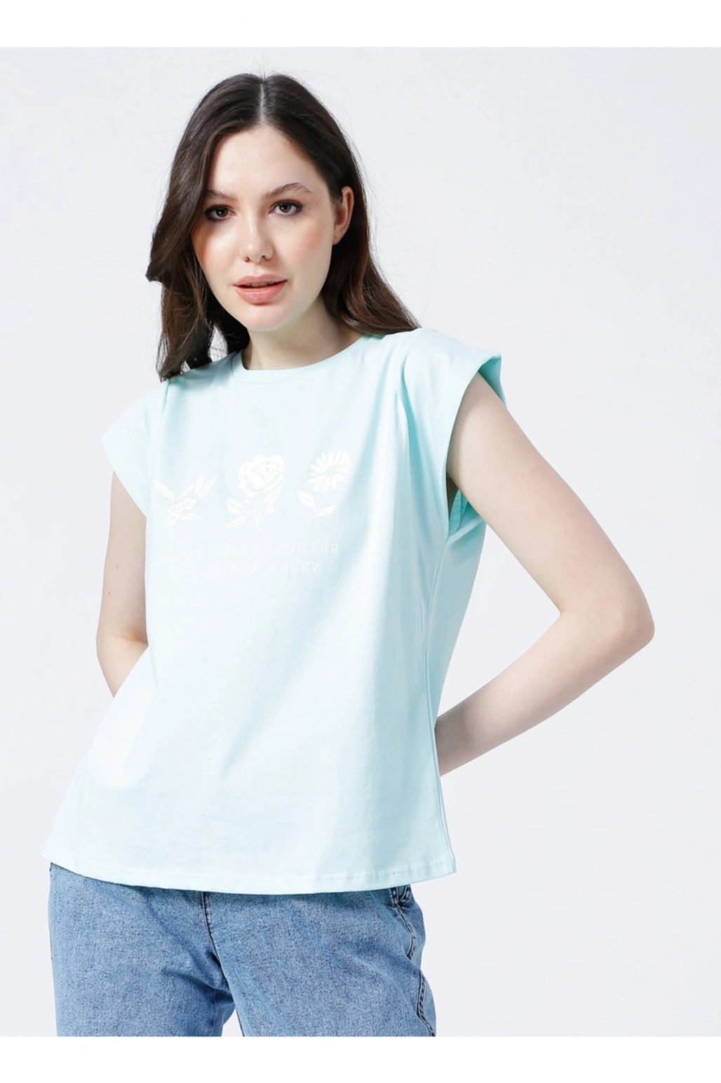 22y0391k1 Bisiklet Yakamini Kol Normal Kalıp Baskılı Mint Kadın T-shirt