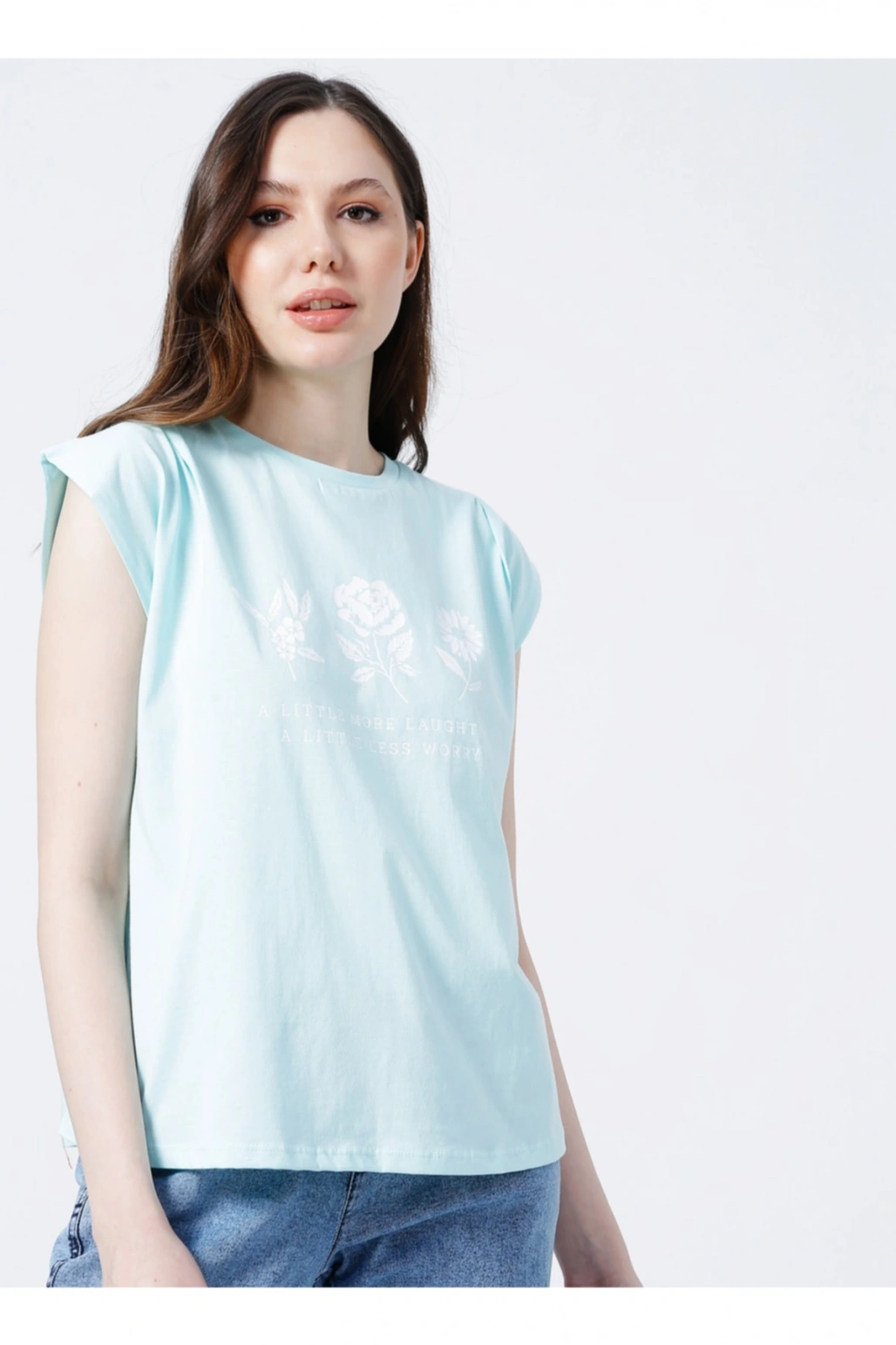 22y0391k1 Bisiklet Yakamini Kol Normal Kalıp Baskılı Mint Kadın T-shirt