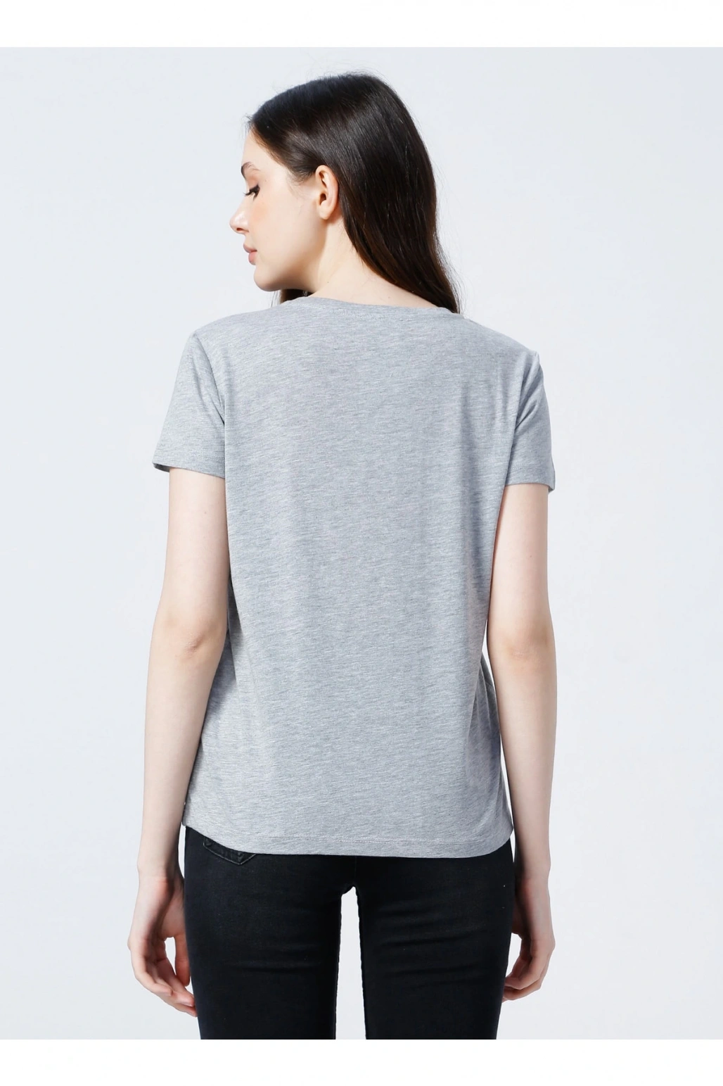 22y0103k1 Bisiklet Yakakısa Kollu Normal Kalıp Baskılı Gri Melanj Kadın T-shirt