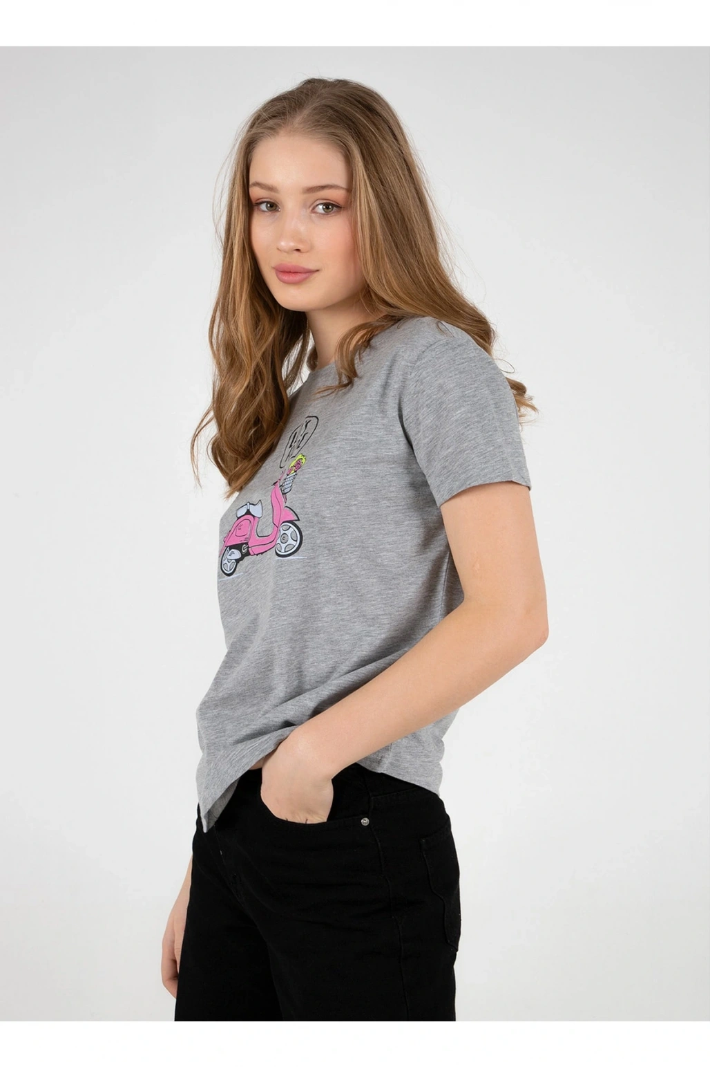 22y0103k1 Bisiklet Yakakısa Kollu Normal Kalıp Baskılı Gri Melanj Kadın T-shirt