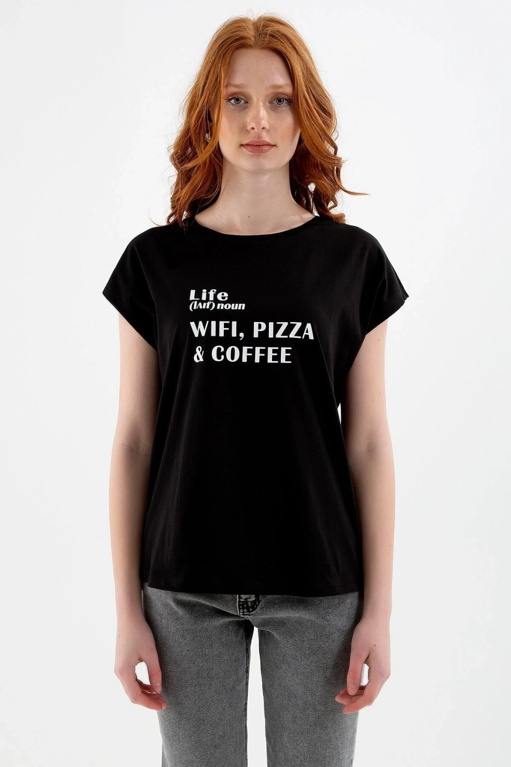 22y0078k1 Bisiklet Yaka Normal Kalıp Baskılı Siyah Kadın T-shirt