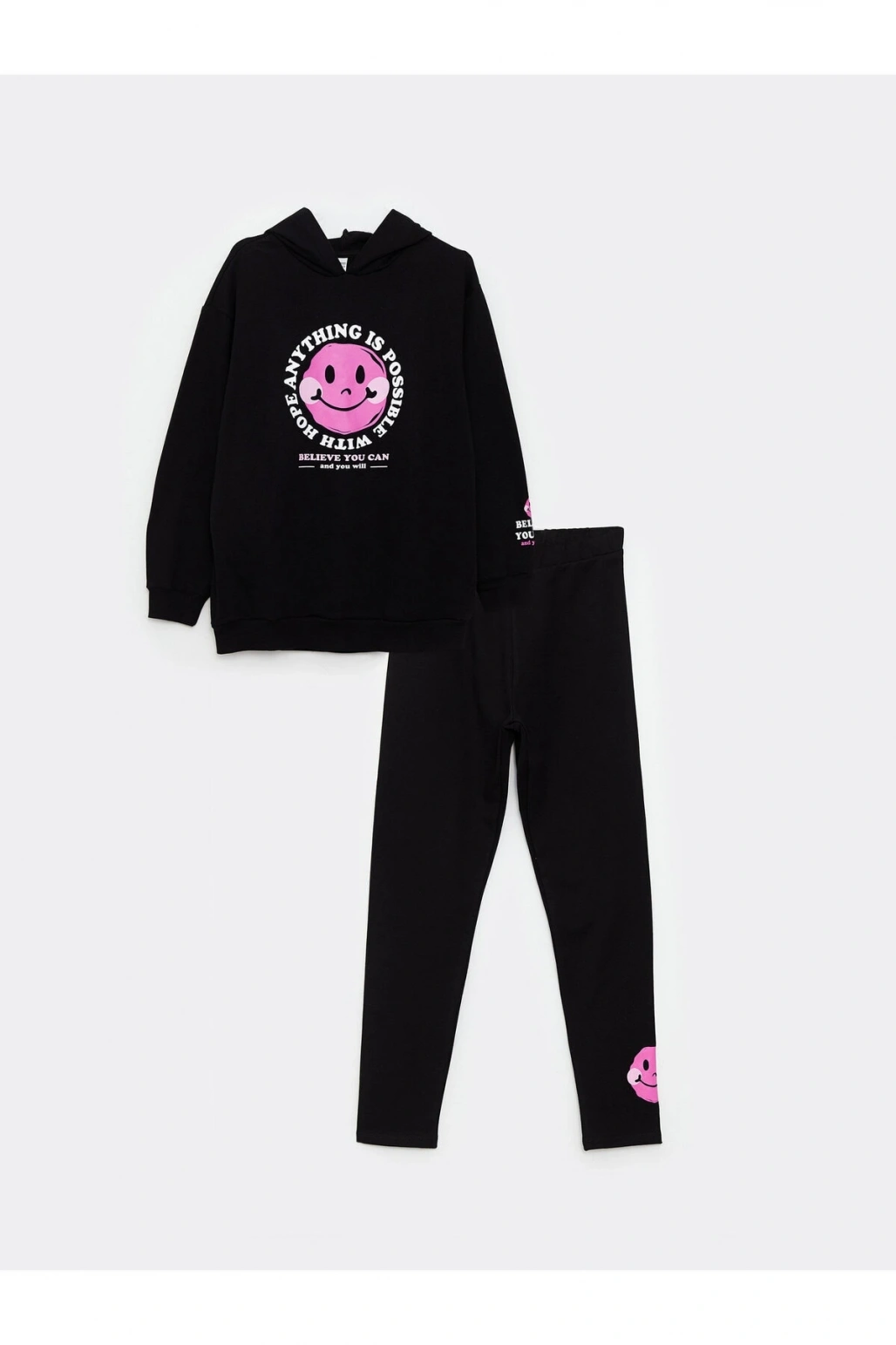 Kapüşonlu Baskılı Uzun Kollu Kız Çocuk Sweatshirt ve Tayt