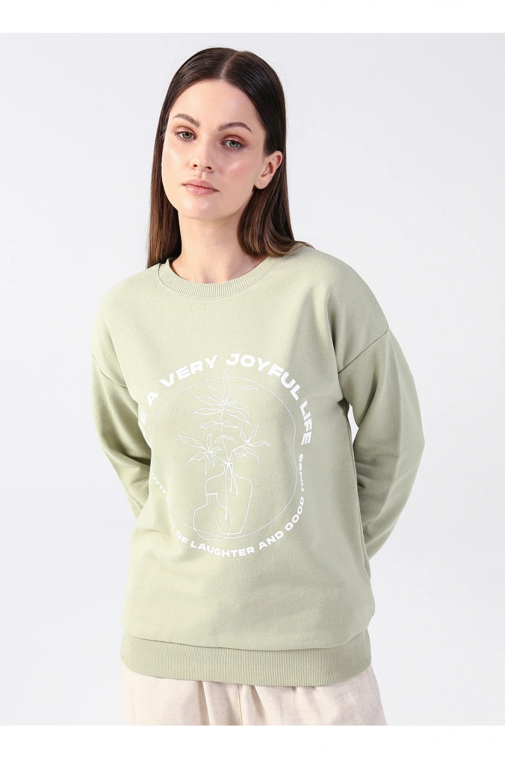 Bisiklet Yaka Baskılı Çağla Kadın Sweatshırt 22k0572k1