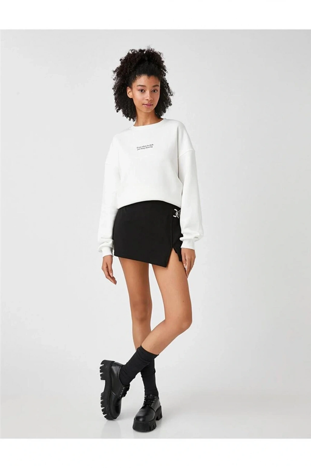 Slogan Baskılı Sweatshirt Bisiklet Yaka Uzun Kollu Içi Polarlı