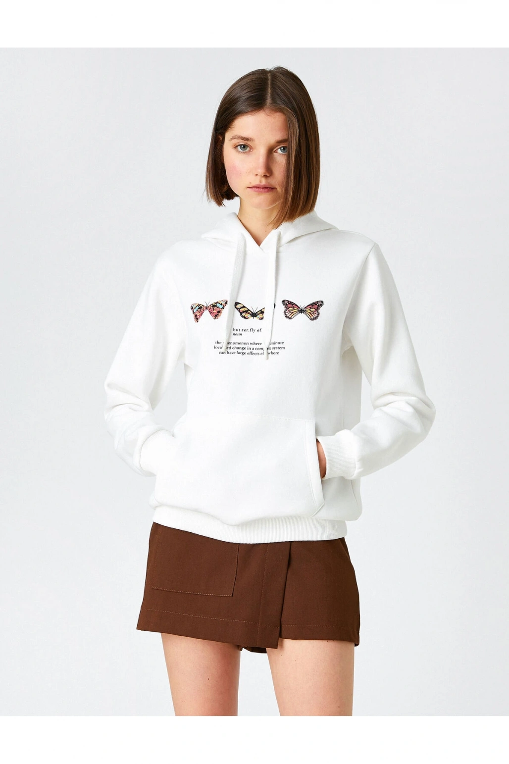 Kelebek Baskılı Sweatshirt Kapüşonlu Uzun Kollu