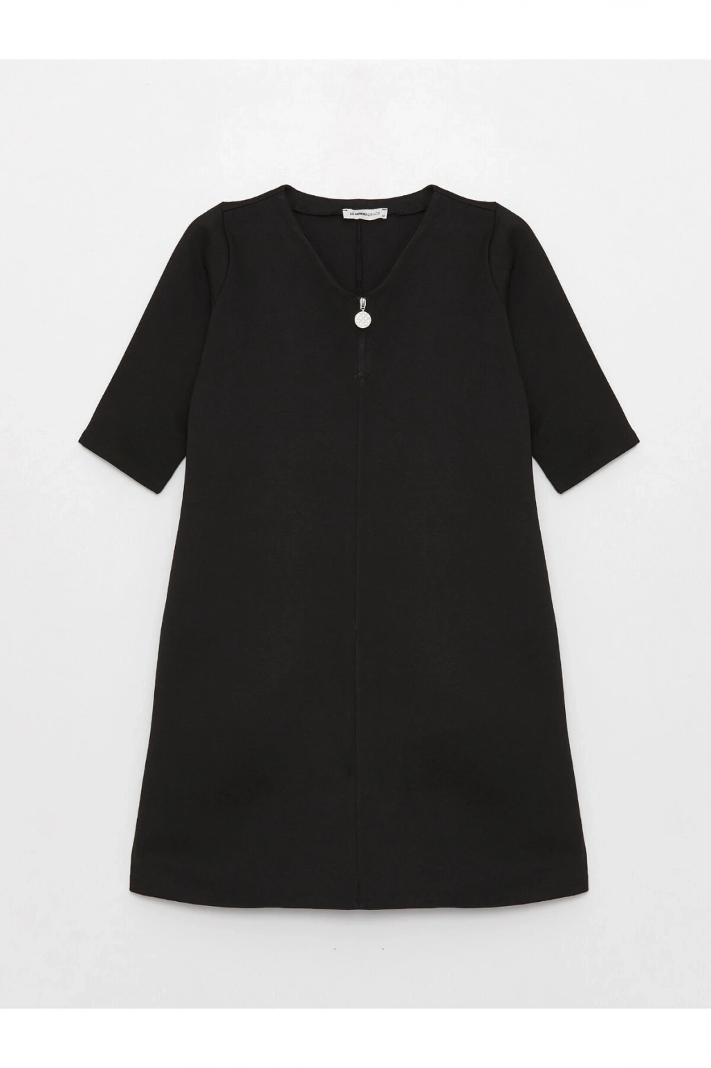 V Yaka Düz Kısa Kollu Kadın Elbise