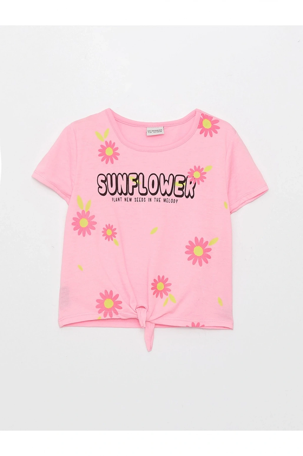 Bisiklet Yaka Baskılı Kısa Kollu Kız Çocuk Crop Tişört