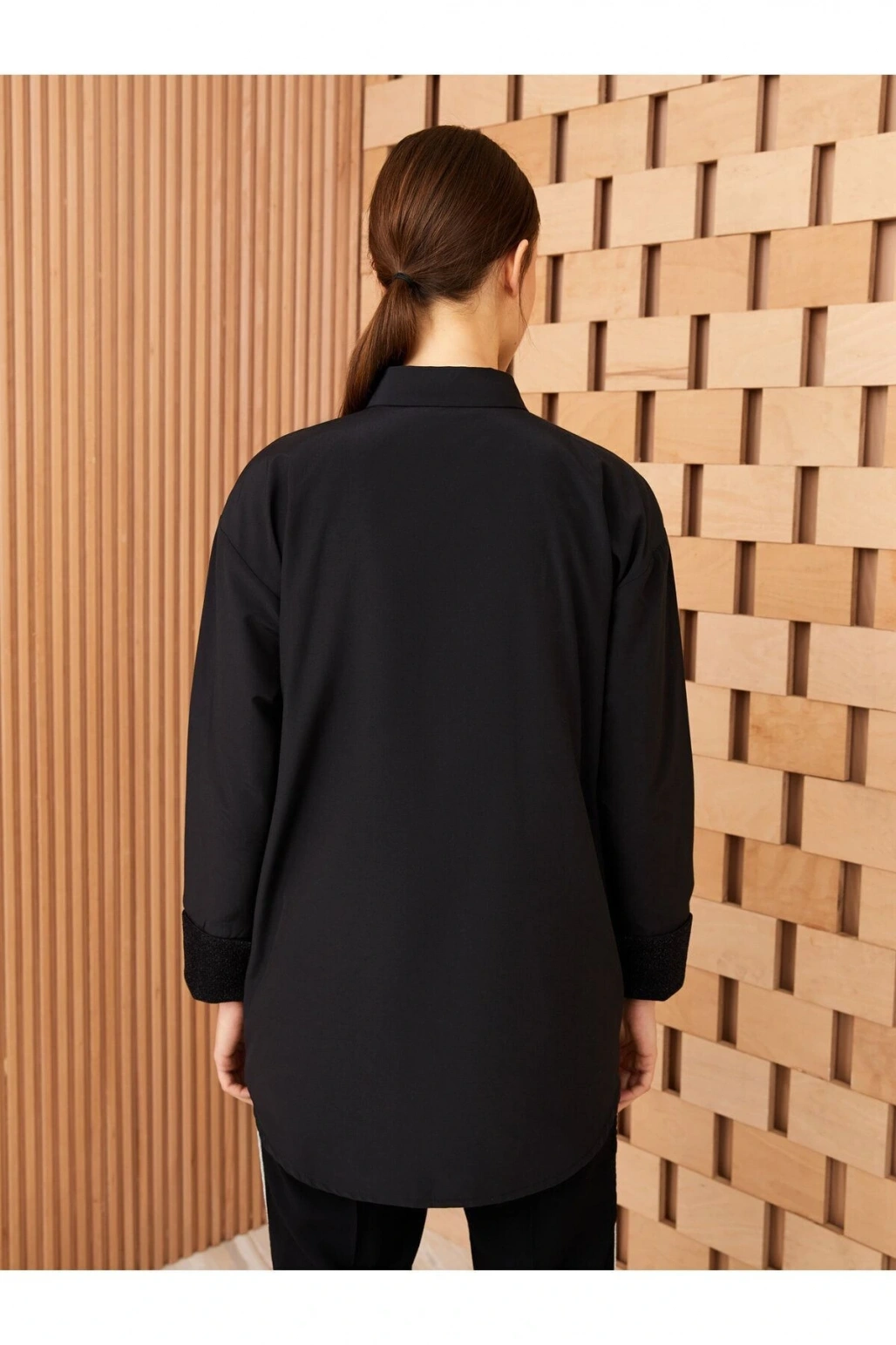 Gömlek Yaka Düz Uzun Kollu Oversize Poplin Kadın Tunik