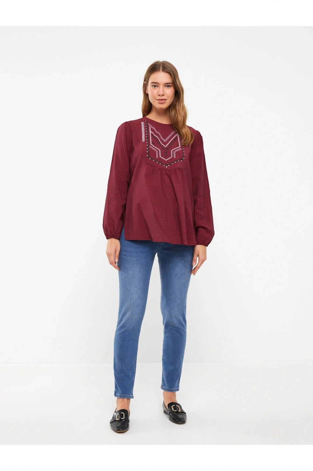 Bisiklet Yaka Nakışlı Uzun Kollu Hamile Bluz