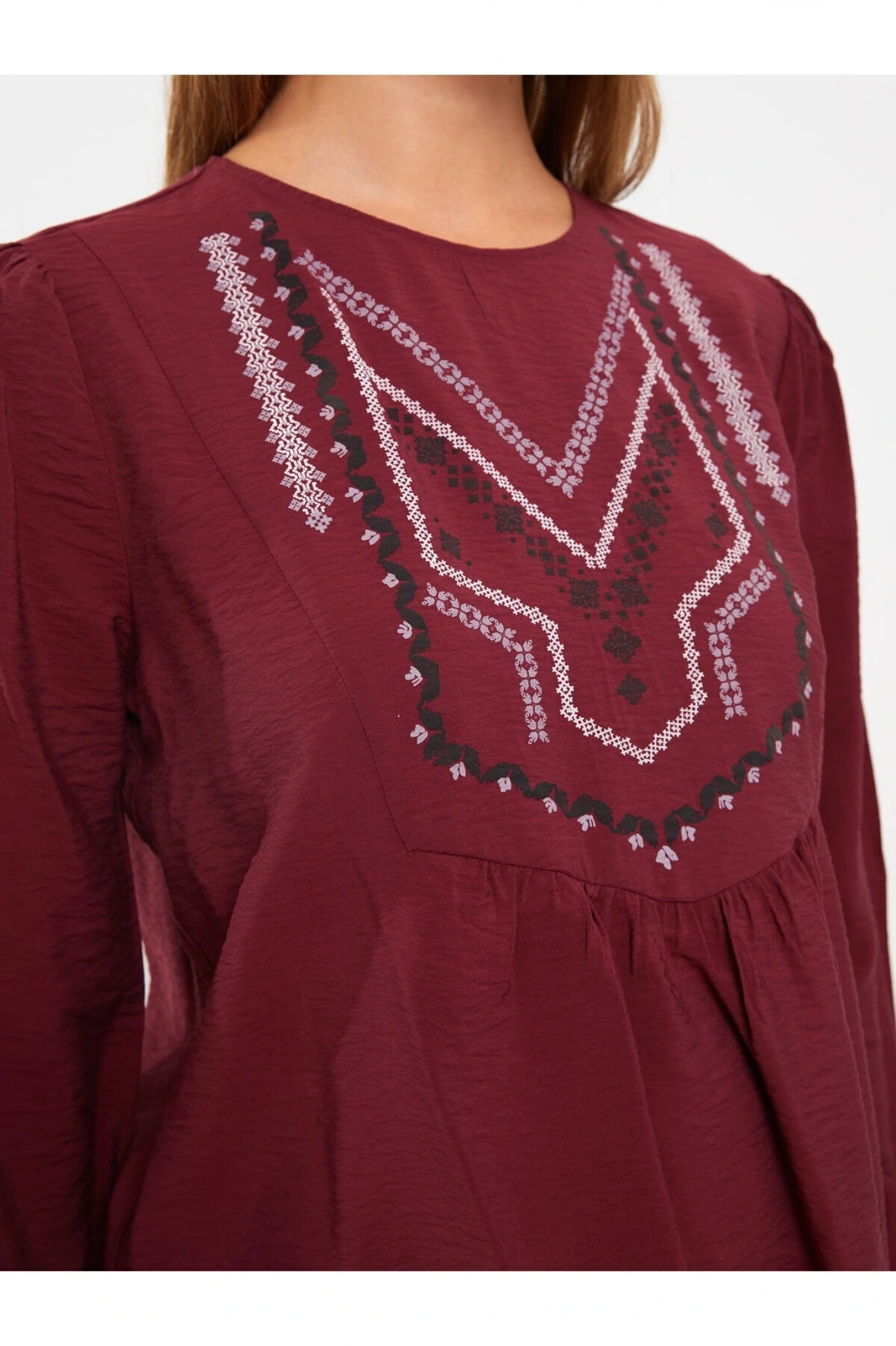 Bisiklet Yaka Nakışlı Uzun Kollu Hamile Bluz