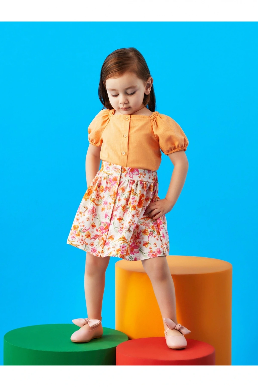 Kare Yaka Kısa Kollu Kız Bebek Gömlek Ve Etek 2li Takım