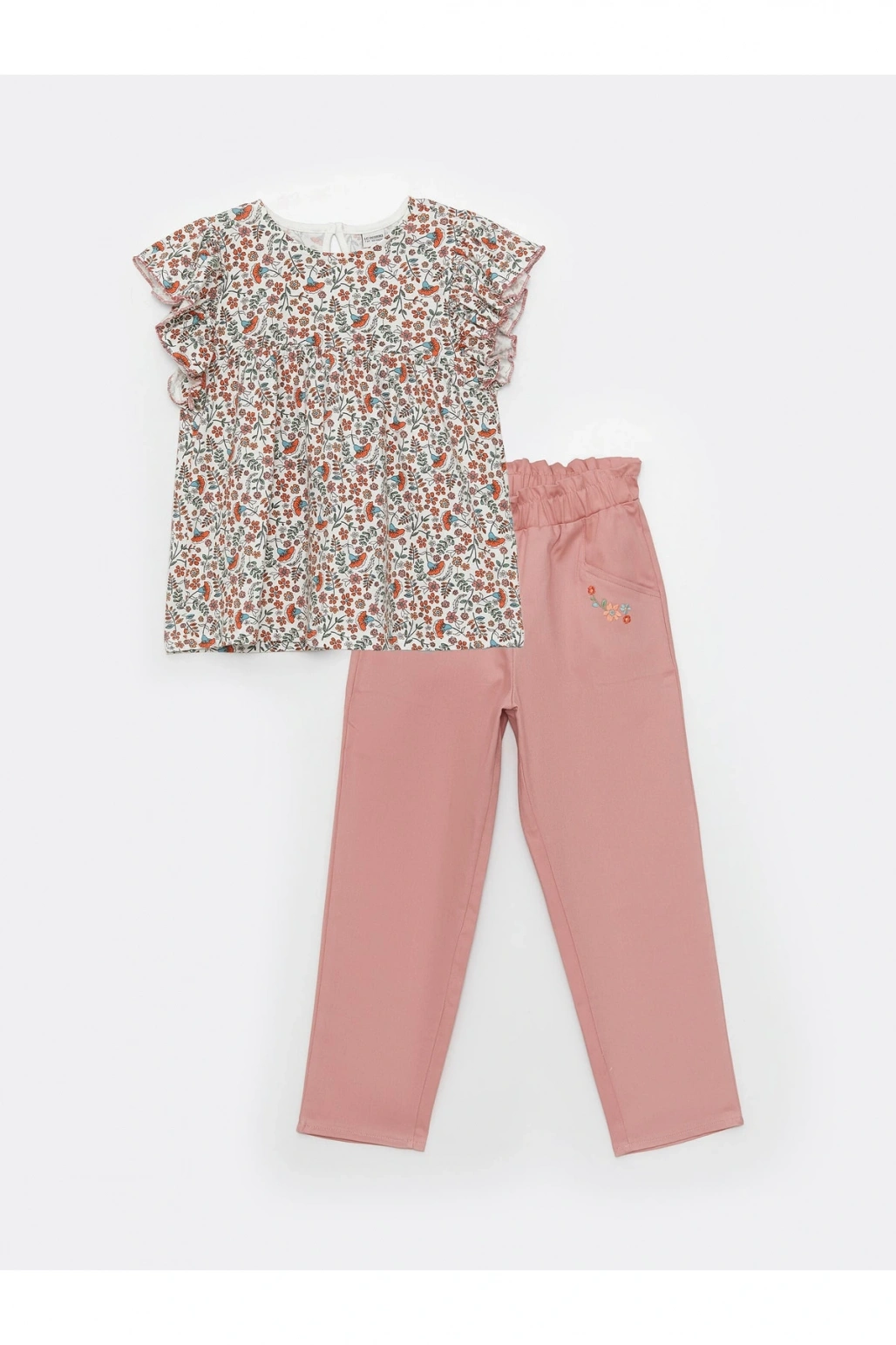 Bisiklet Yaka Desenli Kısa Kollu Kız Çocuk Bluz Ve Pantolon