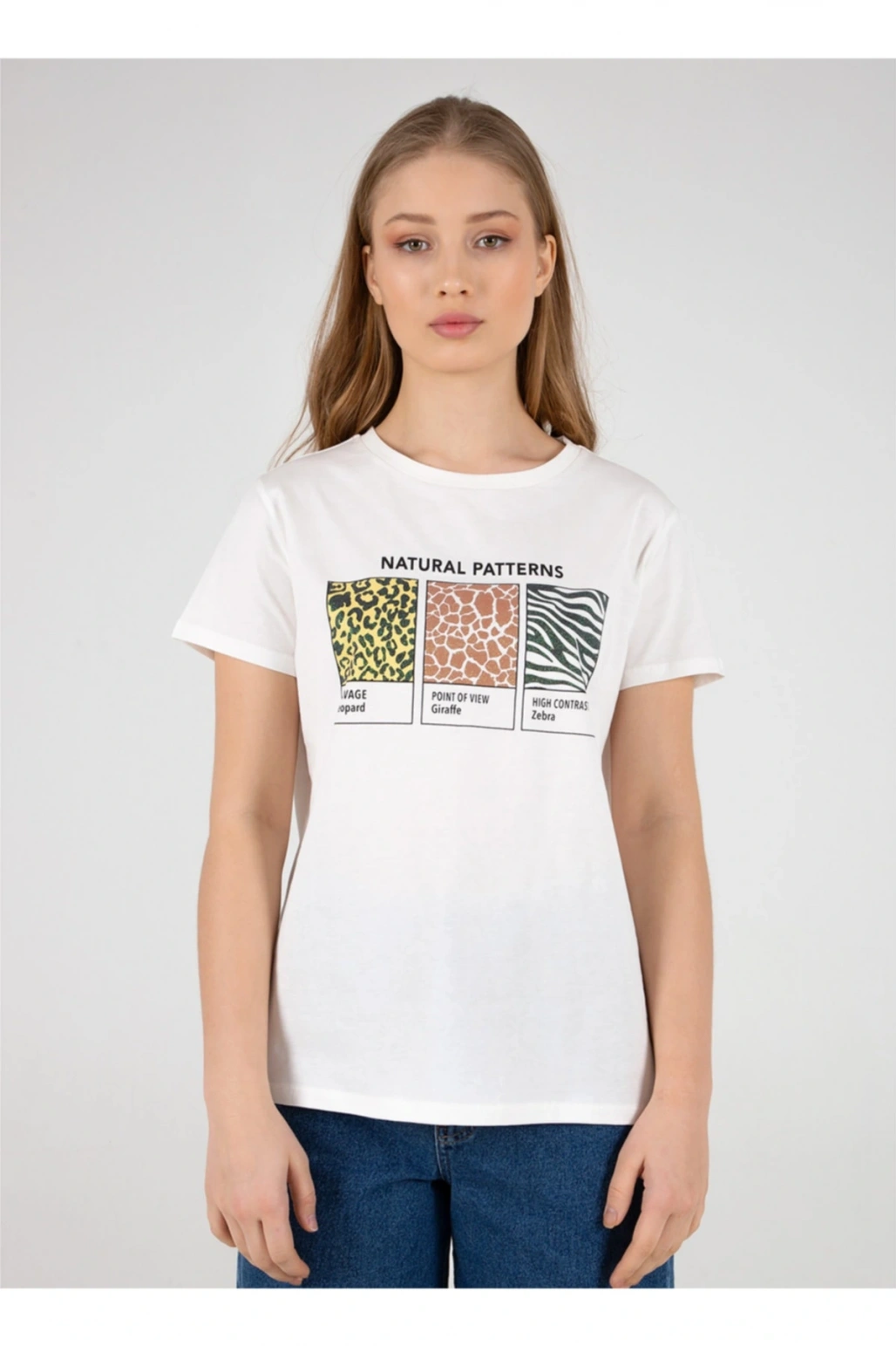 22y0654k1 Bisiklet Yakakısa Kollu Normal Kalıp Baskılı Beyaz Kadın T-shirt