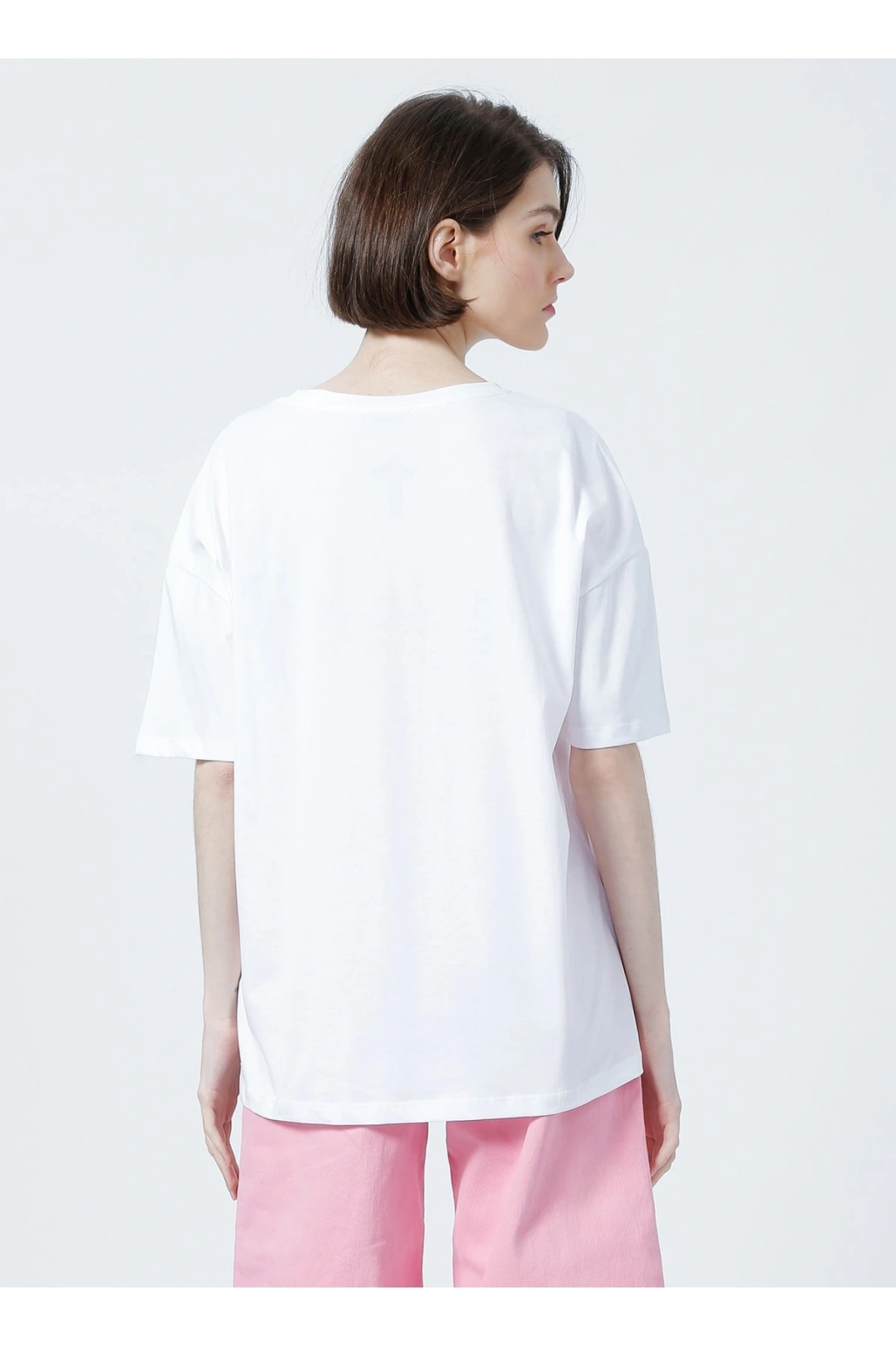 22y0402k1 Bisiklet Yaka Relaxed Baskılı Beyaz Kadın T-shirt