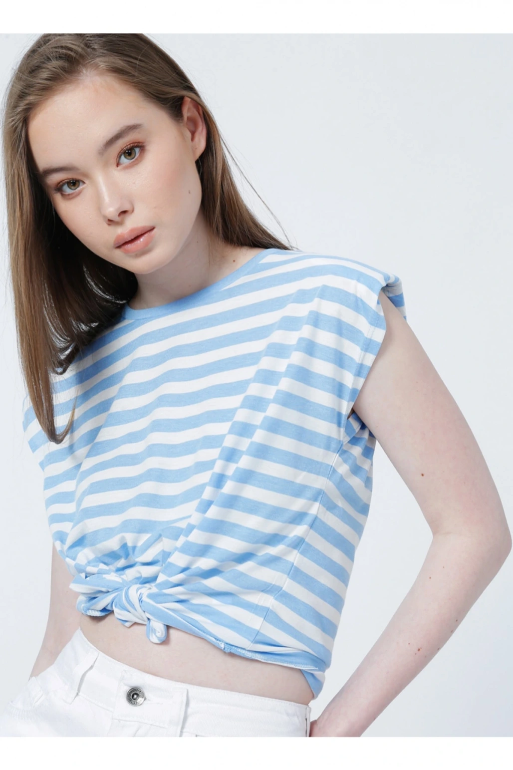 22y0058k1 Bisiklet Yakakolsuz Normal Kalıp Çizgili Mavi Kadınt-shirt