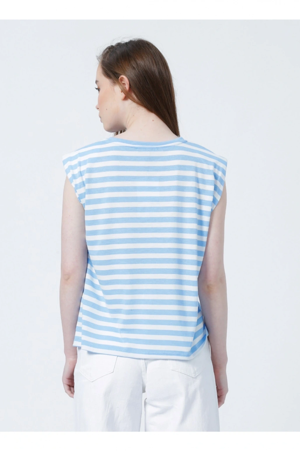 22y0058k1 Bisiklet Yakakolsuz Normal Kalıp Çizgili Mavi Kadınt-shirt