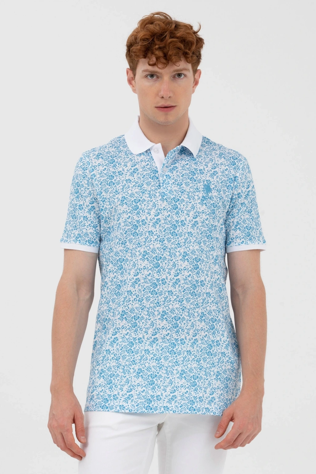 Erkek Dokuma Desenli Polo Yaka Turkuaz T-shirt