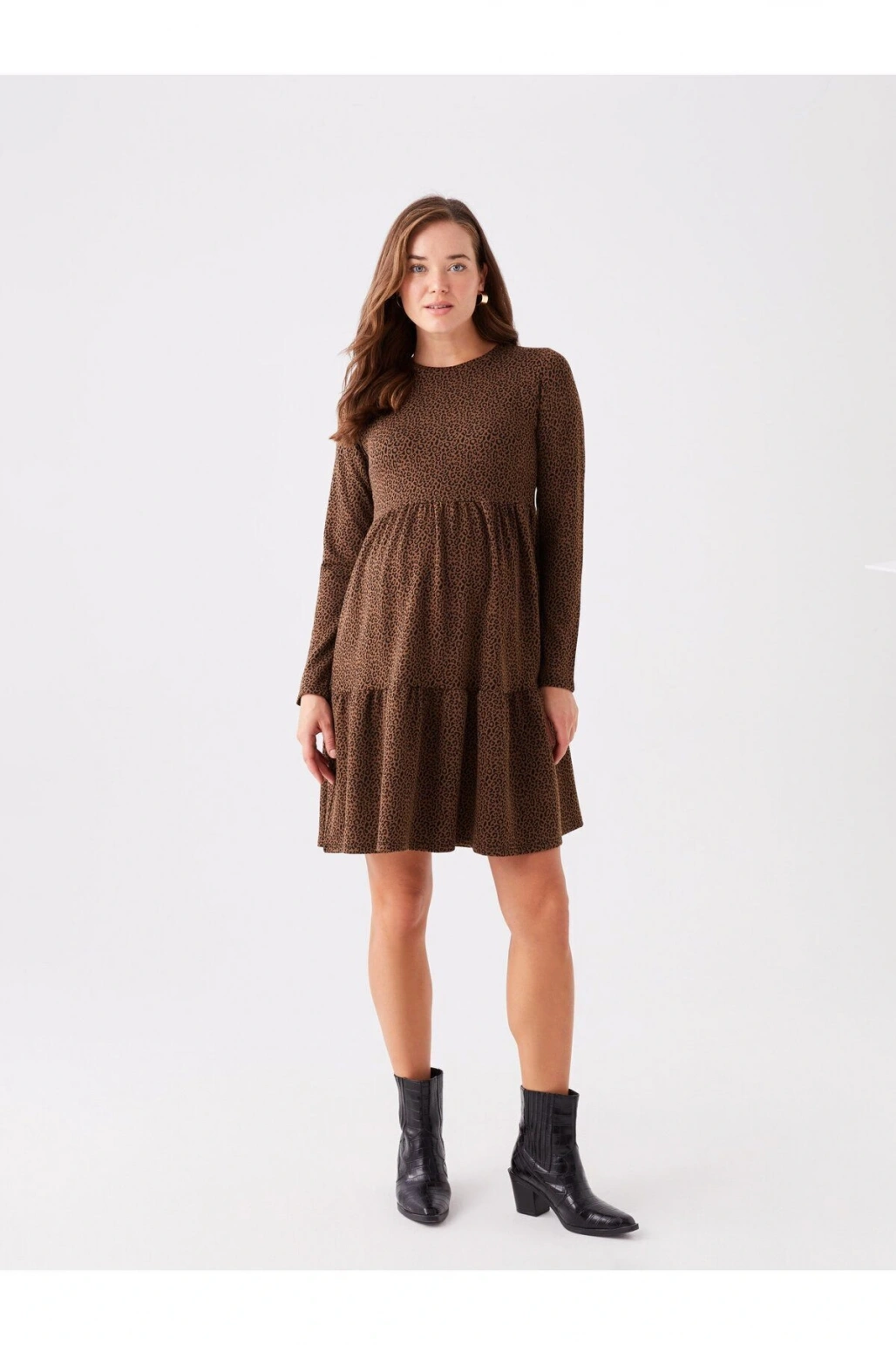 LCWAIKIKI Maternity Bisiklet Yaka Desenli Uzun Kollu Hamile Elbise