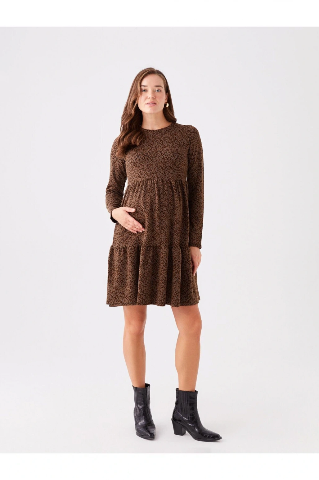 LCWAIKIKI Maternity Bisiklet Yaka Desenli Uzun Kollu Hamile Elbise