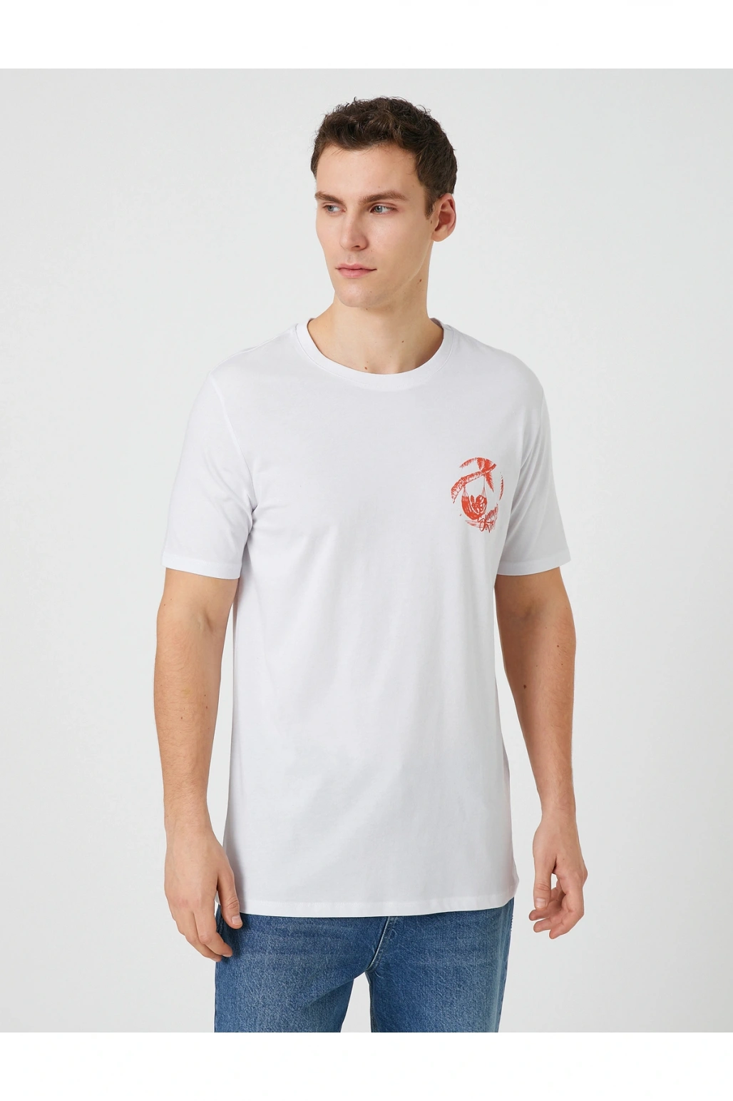 Bisiklet Yaka Tişört Palmiye Baskılı Kısa Kollu