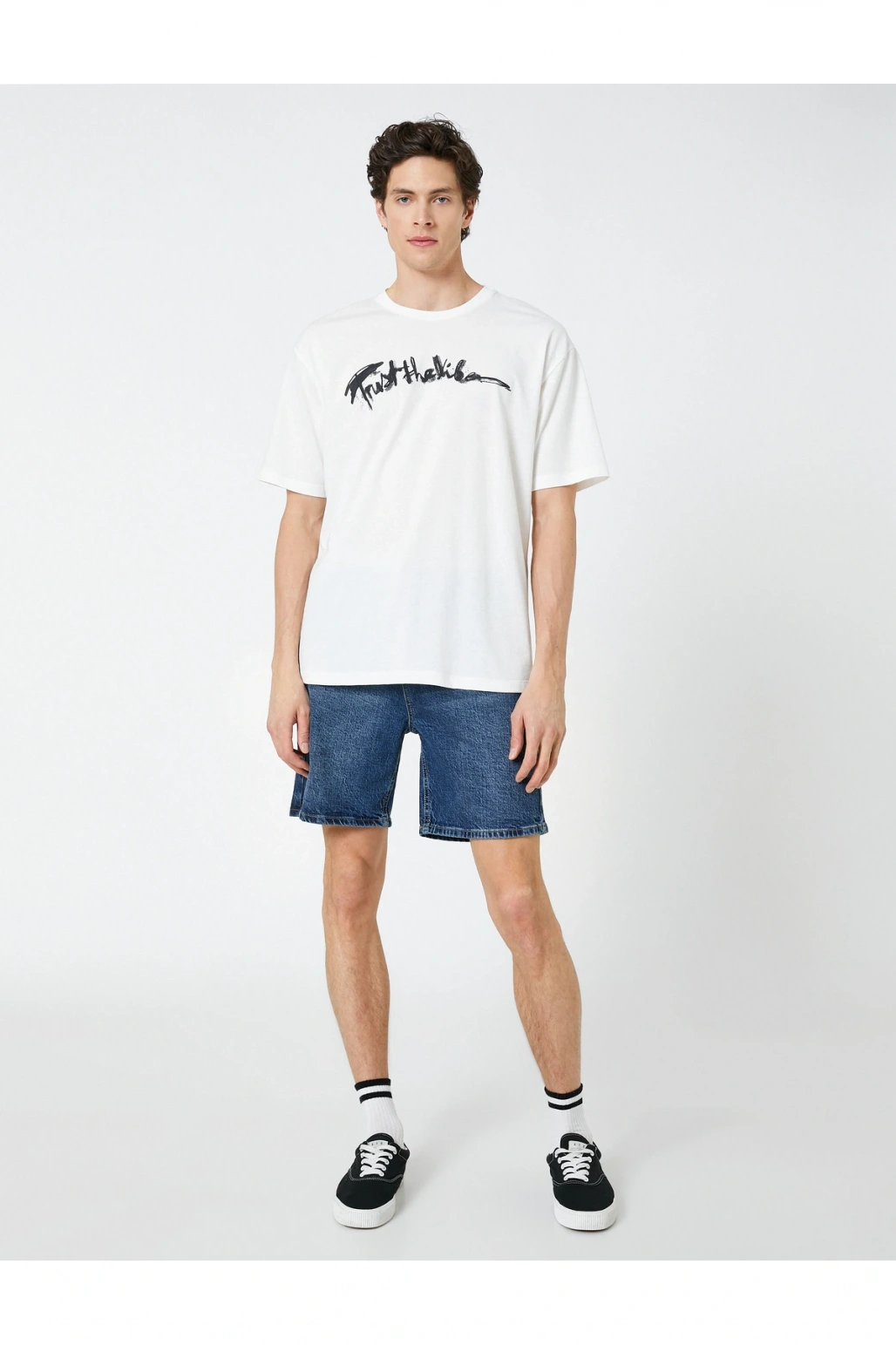 Oversize Tişört Slogan Baskılı Bisiklet Yaka Kısa Kollu Pamuklu