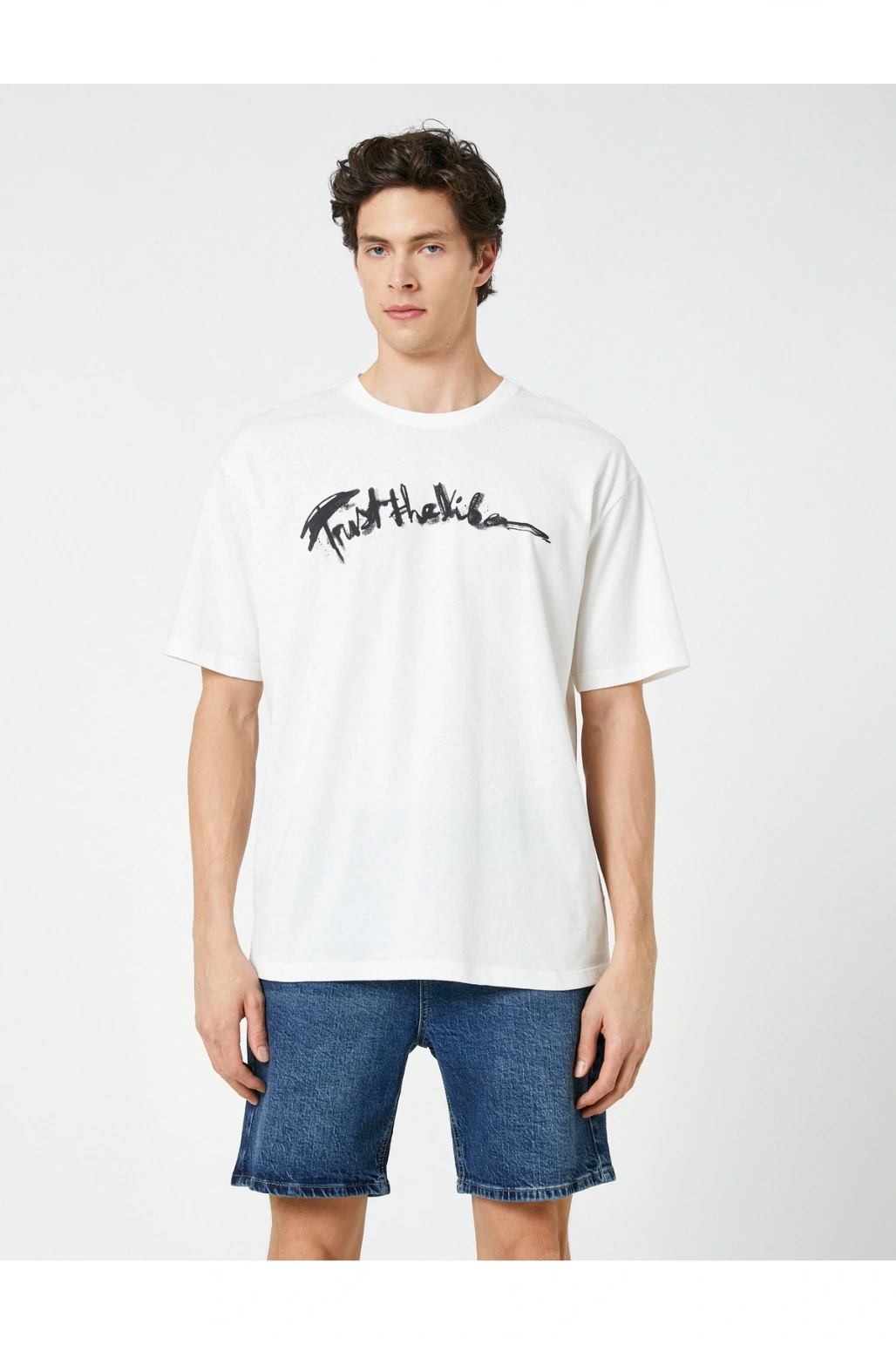 Oversize Tişört Slogan Baskılı Bisiklet Yaka Kısa Kollu Pamuklu