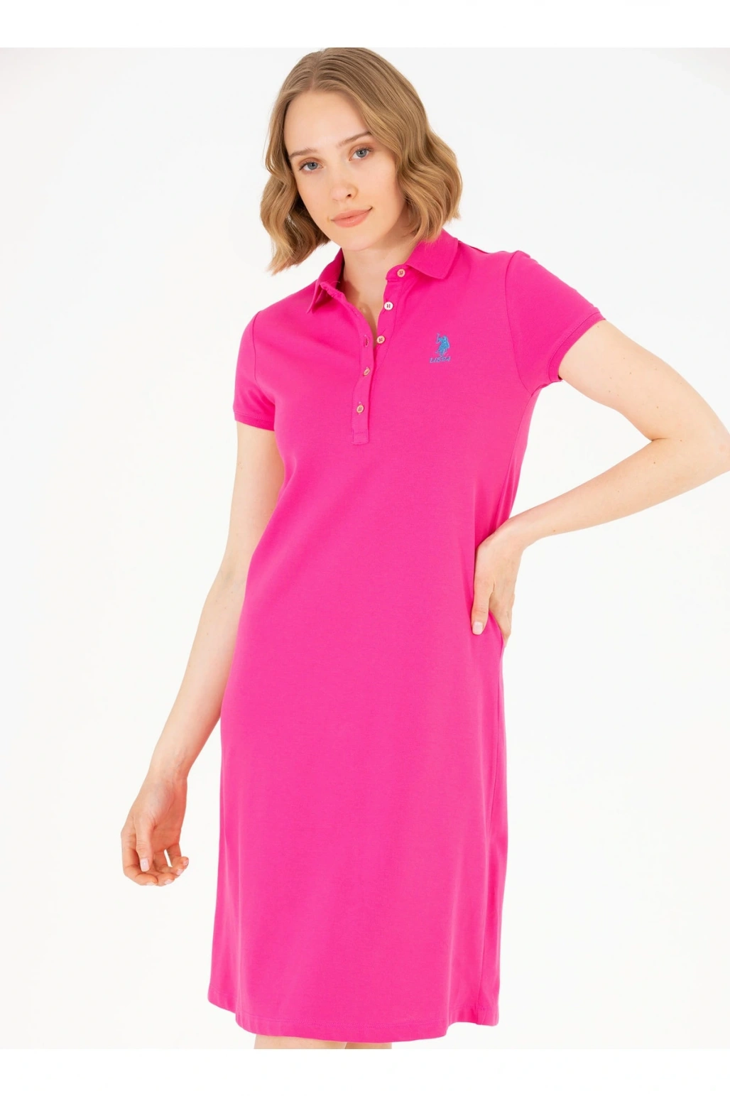 Polo Yaka Düz Pembe Diz Üstü Kadın Elbise Gurlın23