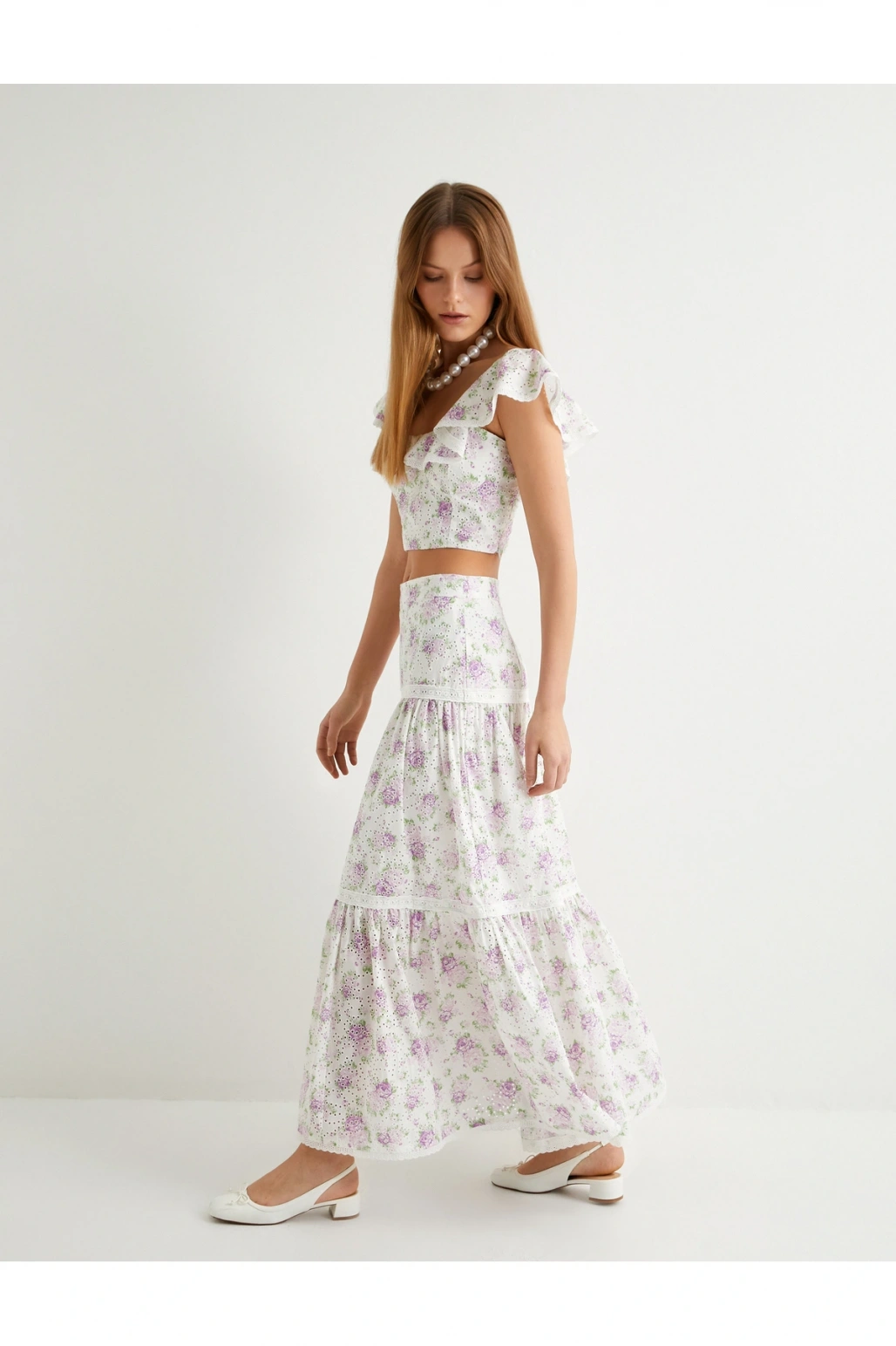 Çiçekli Uzun Etek Normal Bel Volanlı Pamuklu Fistolu