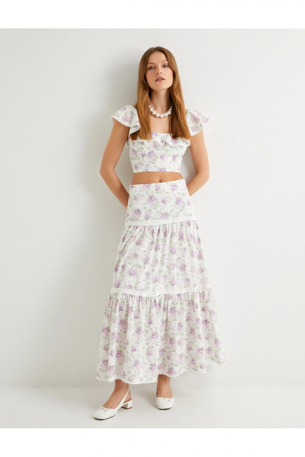 Çiçekli Uzun Etek Normal Bel Volanlı Pamuklu Fistolu