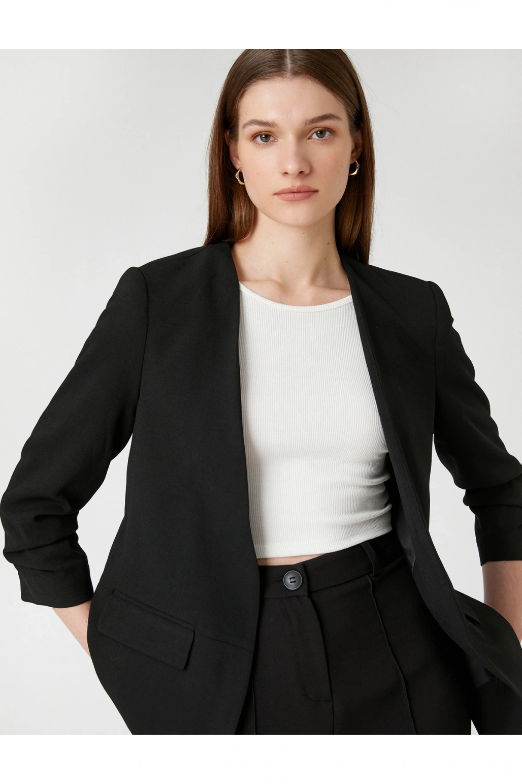 Kol Detaylı Blazer Ceket V Yaka Önü Açık