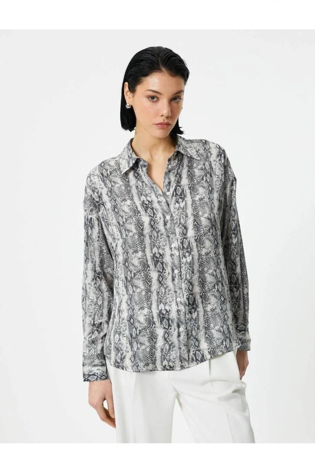 4sak60243uw Kadın Uzun Kol Gömlek Siyah Desenli