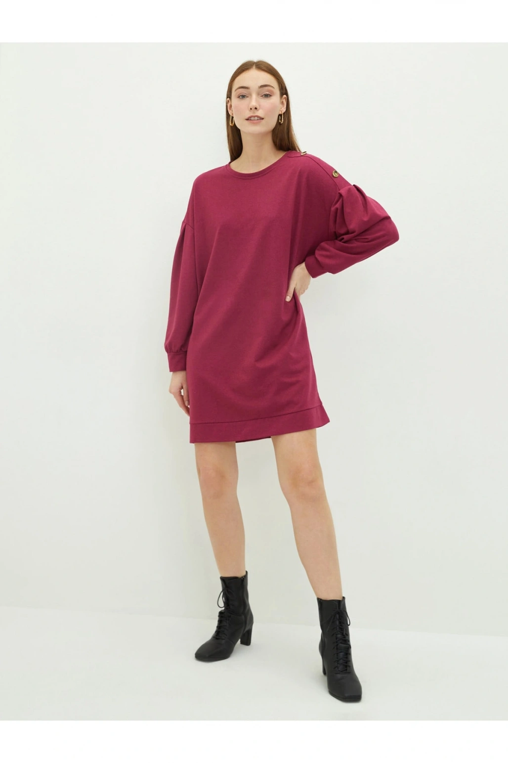 Bisiklet Yaka Düz Uzun Kollu Kadın Elbise