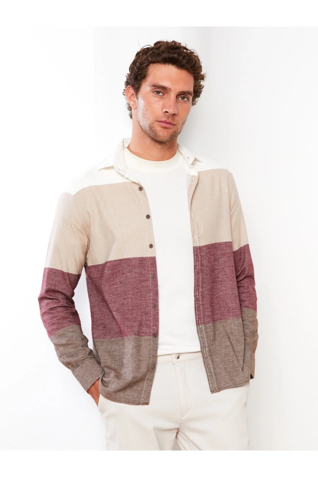 Slim Fit Uzun Kollu Renk Bloklu Erkek Gömlek