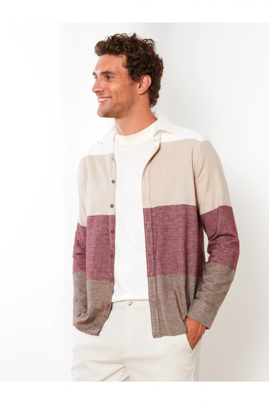 Slim Fit Uzun Kollu Renk Bloklu Erkek Gömlek