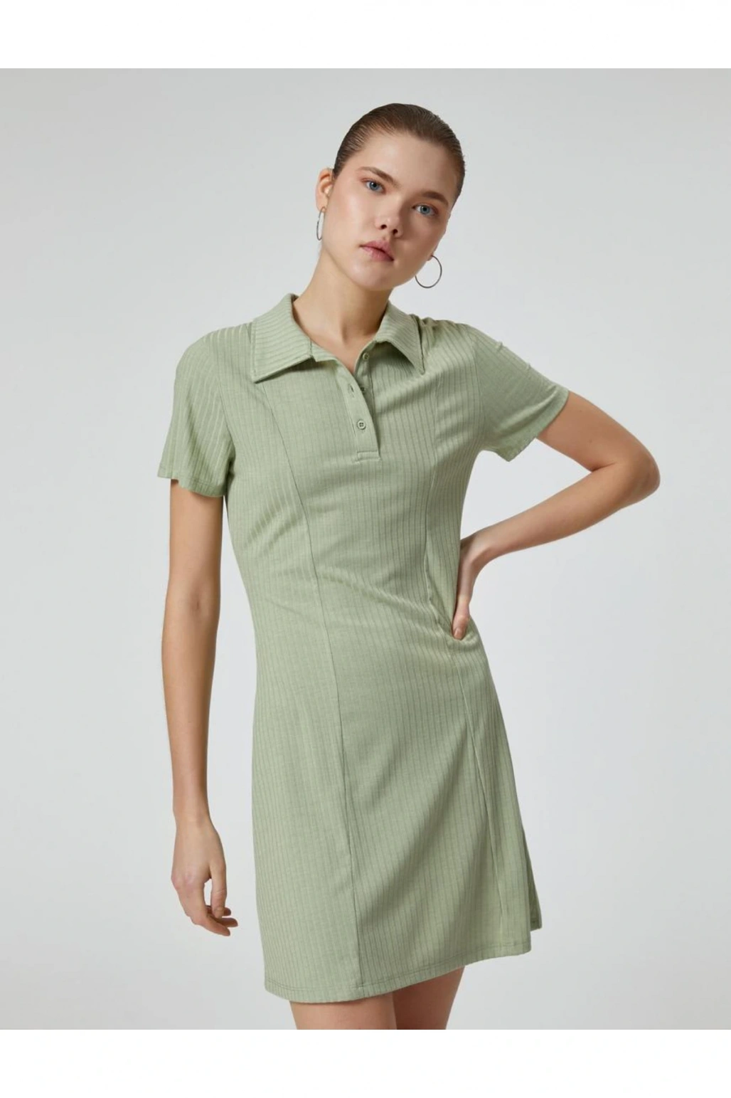 Polo Yaka Mini Elbise A Kesim Kısa Kollu Ribanalı