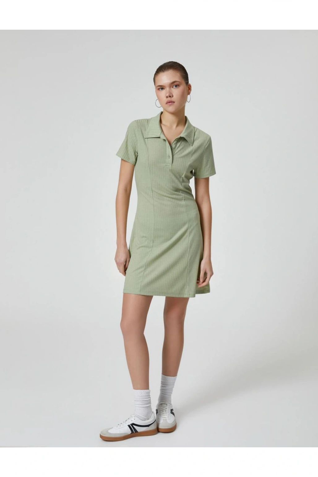 Polo Yaka Mini Elbise A Kesim Kısa Kollu Ribanalı