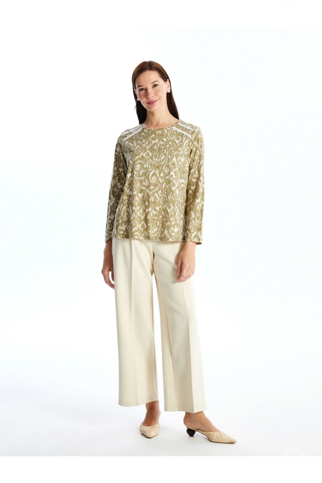 Bisiklet Yaka Desenli Uzun Kollu Kadın Bluz