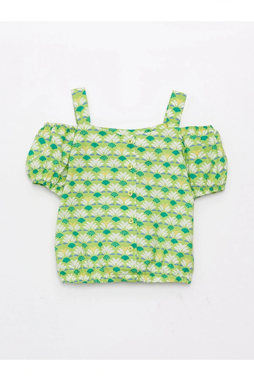 Kare Yaka Desenli Kısa Kollu Kız Çocuk Bluz