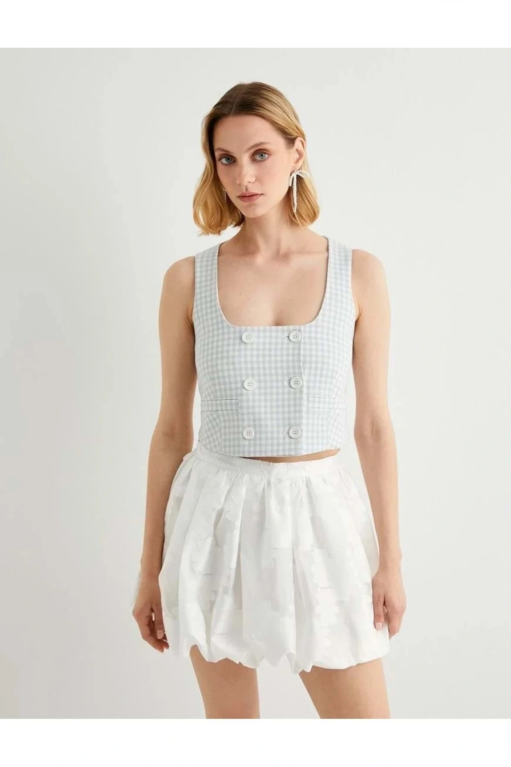 X Tuba Ünsal - Düğmeli Kruvaze Crop Yelek 4SAK20115UW Mavi Ekose