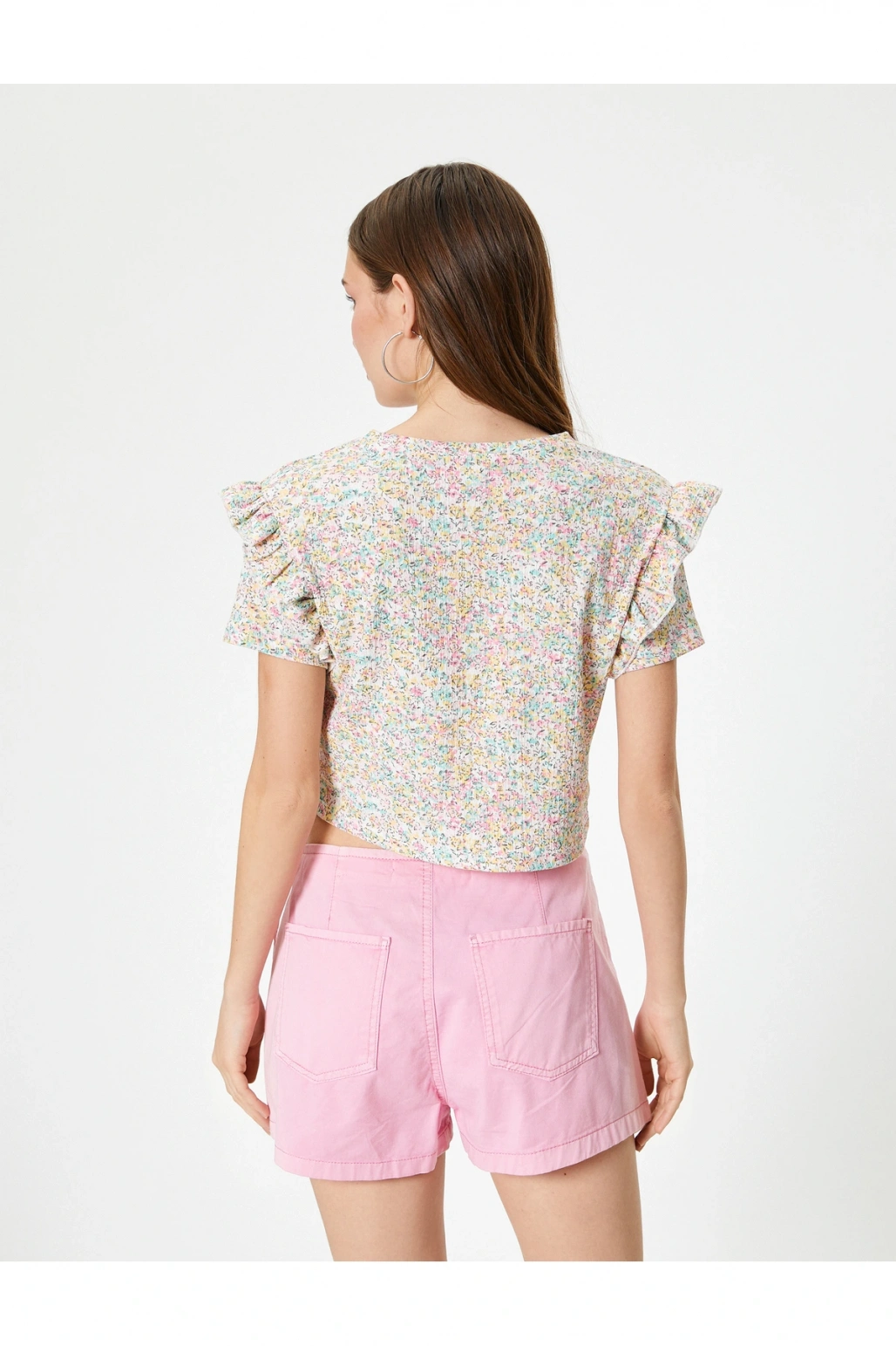 Çiçekli Fırfırlı Tişört Kısa Kollu Bisiklet Yaka Dokulu Bürümcük
