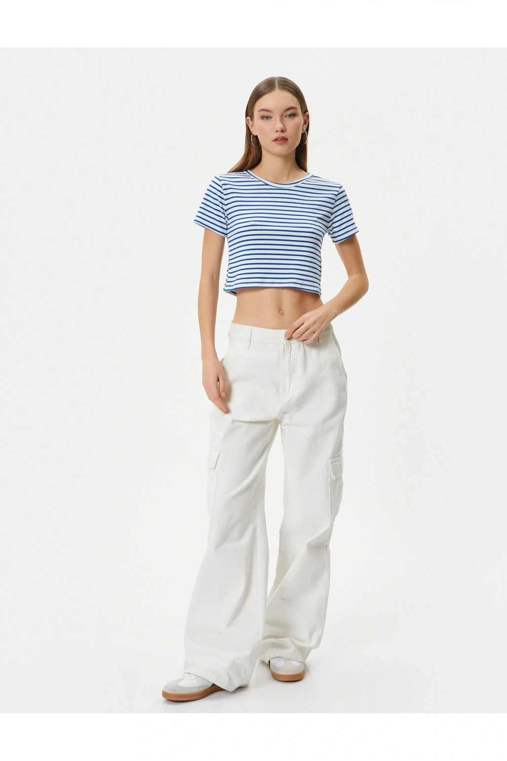 Crop Tişört Slim Fit Ribanalı Kısa Kollu Bisiklet Yaka