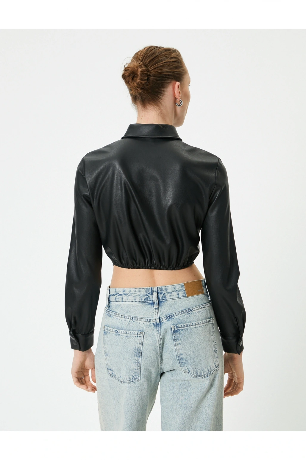 Deri Görünümlü Gömlek Crop Korse Detaylı Uzun Kollu Düğmeli Slim Fit