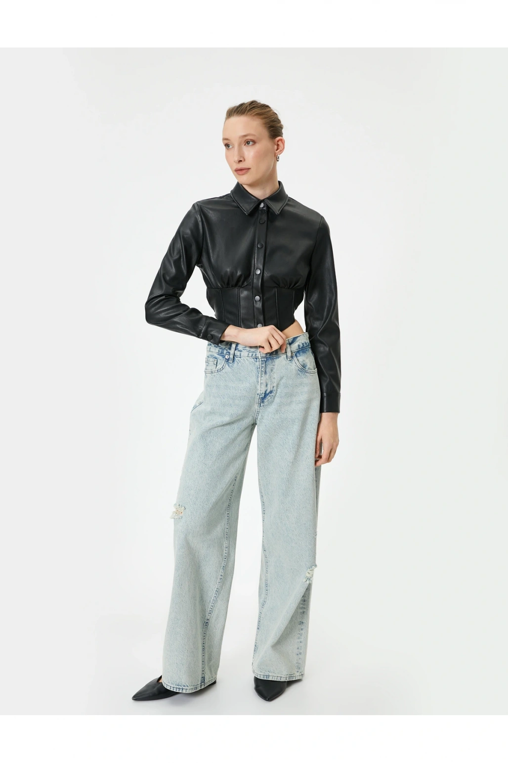 Deri Görünümlü Gömlek Crop Korse Detaylı Uzun Kollu Düğmeli Slim Fit