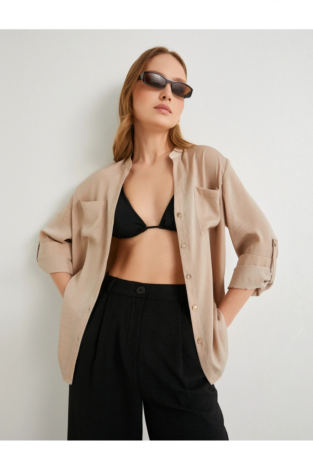 Hakim Yaka Gömlek Uzun Katlamalı Kol Cepli Düğmeli Regular Fit