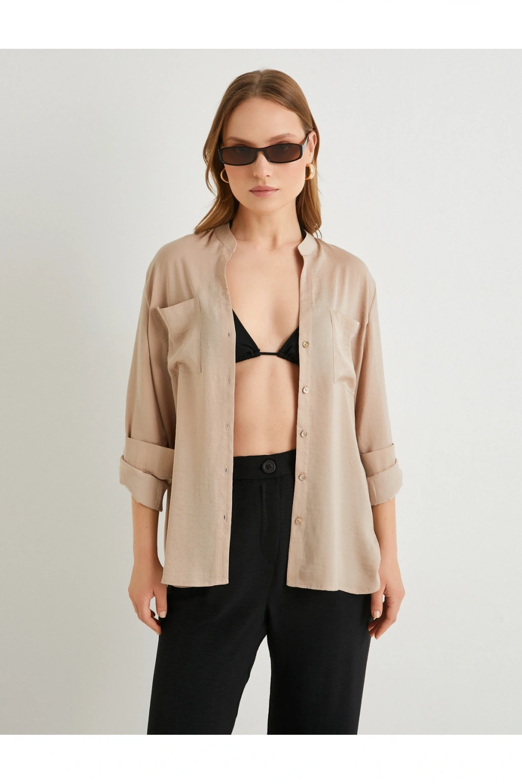 Hakim Yaka Gömlek Uzun Katlamalı Kol Cepli Düğmeli Regular Fit