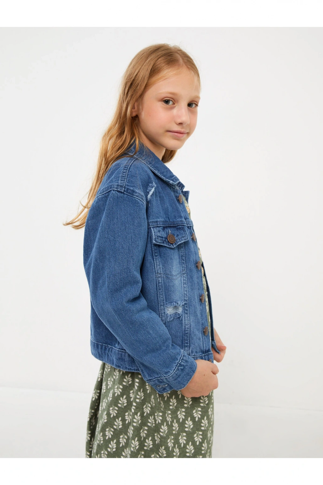 Yırtık Detaylı Kız Çocuk Jean Ceket