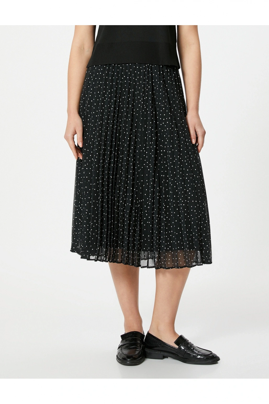 Yüksek Bel Tül Astarlı Pileli Puantiyeli Midi Etek