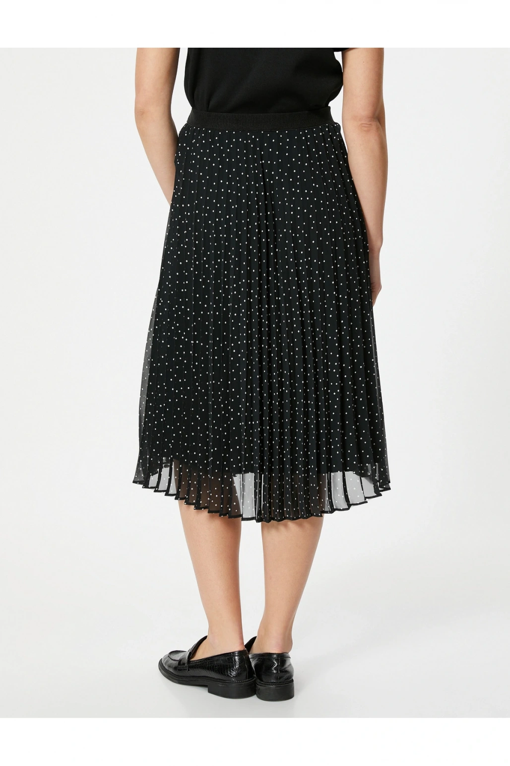 Yüksek Bel Tül Astarlı Pileli Puantiyeli Midi Etek