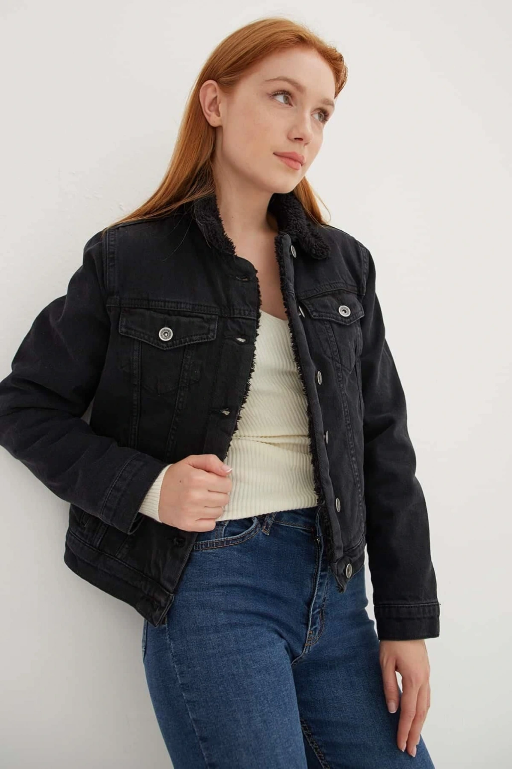 İçi Kürklü Denim Ceket Siyah