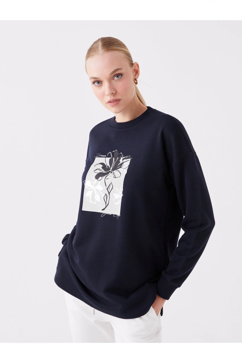 Bisiklet Yaka Baskılı Uzun Kollu Oversize Kadın Sweatshirt Tunik